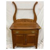 Oak Washstand With Towel Bar and Carved Backboard Oak Washstand With Towel Bar and Carved Backboard
