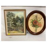 Framed Landscape Oil Painting and Floral Print in Oval Frame Framed Landscape Oil Painting and Floral Print in Oval Frame