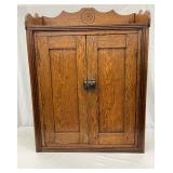 Hanging Oak Cabinet with Scalloped Trim and Double Doors, 25in x 34in Hanging Oak Cabinet with Scalloped Trim and Double Doors, 25in x 34in