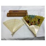 Two Decorative Folding Fans with Wooden Storage Box