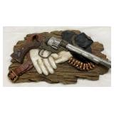 Western-Themed Wall Plaque with Pistol, Hat, and Gloves Motif