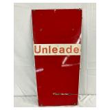 Red and White Porcelain Sign with ‘Unleaded’ Text, Measures 16in by 30in