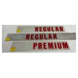 Three Vintage Gas Pump Glass Panels with ‘Regular’ and ‘Premium’ Text