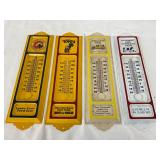 Four Early Metal Convex Thermometers, Advertising Styles, 4 in x 13 in Each