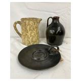 Pottery Items Including Jug, Pitcher, and Candlestick Holder