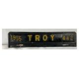 1955 Troy Embossed Metal License Plate, Black with Yellow Lettering