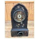 Arched Wood Shelf Clock with Painted Floral Design and Roman Numeral Dial