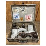White Leather Roller Skates with Wooden Wheels in Vintage Case