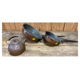 Copper Cookware Lot With Cast Iron Handles and Teapot