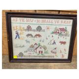 Framed Cross-Stitch Needlework Depicting Farm Scene with Biblical Inscription