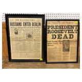 Framed World War II and Roosevelt Headline Newspapers