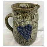 Stoneware Pottery Pitcher by Clearer and Billie Meadows with Grapes Design, 9 Inches Tall