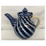 Cobalt Blue Swirl Pottery Teapot Signed AD Smith, 8 Inches Tall