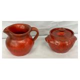 North State Pottery Chrome Red Pitcher and Covered Sugar Bowl