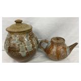 Stoneware Pottery Lidded Jar and Teapot with Glazed Drip Design