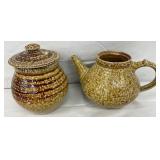 Stoneware Lidded Jar and Teapot with Glaze and Textured Designs