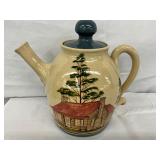 Hand-Painted Pottery Teapot with Cabin and Tree Scene, Signed and Dated Winton-Rosa Eugene 