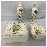Salt and Pepper Shakers, Lidded Box, and Four Dishes with Butterfly Motif