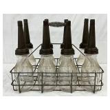 8 Glass Oil Bottles with Metal Pouring Spouts and Wire Carrying Rack