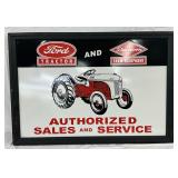 Emb. Ford Tractor and Dearborn Farm Equipment Sign in Wooden Frame, 38in x 26in