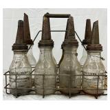 8 Emb. Glass Oil Bottles with Metal Spouts and Rack