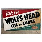 Emb. Wolf’s Head Oil and Lubes Sign with Wood Back, 58in x 36in