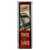 Emb.‘Hood Tires and Tubes’ Sign, Metal w/Wood Backing, 18×70