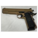 tan finish with black textured grip panels, a 5-inch barrel, and standard sights tan finish with black textured grip panels, a 5-inch barrel, and standard sights