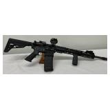 mounted Bushnell red-dot optic, muzzle device, forward grip, flip-up iron sights mounted Bushnell red-dot optic, muzzle device, forward grip, flip-up iron sights