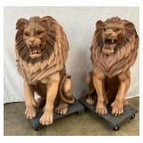 UNUSUAL MATCHING 4FT. CARVED WOODEN LIONS 