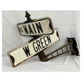 Embossed Metal Street Signs ‘S. Main’ and ‘W. Green’ on Mounting Bracket, 30X20 