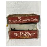 Three WOODEN Drink Crates: Royal Crown Cola, Drink Dr Pepper, and Generic Metal Crate