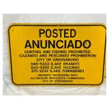 Yellow Metal Bilingual “Posted: Hunting and Fishing Prohibited” Sign, 18in x 12in