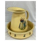 Roseville Pottery Yellow Glazed Pitcher and Basin Set with Hand-Painted Dutch Figures