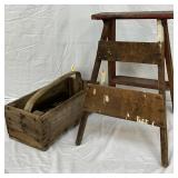Rustic Wooden Step Stool and Wooden Tool Caddy Set
