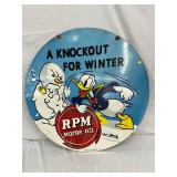 Porcelain Double-Sided Sign Featuring ‘A Knockout for Winter’ RPM Motor Oil Design, 30in Diameter