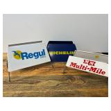 Three Metal Advertising Tire Stands for Michelin, Regul, and Multi-Mile Tires