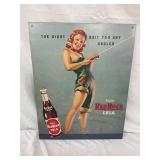 Vintage Red Rock Cola Tin Advertising Sign with Pin-Up Graphic