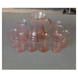 Pink Depression Pitcher w/10 glasses