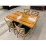 Low top Pine finished table with 4  hardwood padded chairs