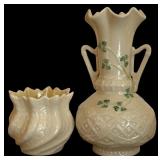 Vintage Belleek Irish Porcelain Shamrock Harp Bud Vase and Belleek Limpet Yellow Nautilus Bud Vase