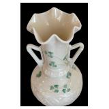 Vintage Belleek Irish Porcelain Shamrock Harp Bud Vase and Belleek Limpet Yellow Nautilus Bud Vase