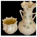 Vintage Belleek Irish Porcelain Shamrock Harp Bud Vase and Belleek Limpet Yellow Nautilus Bud Vase