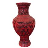Vintage Chinese Export Large Bombe Baluster Carved Red Cinnabar Vase