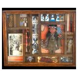 Framed Shadow Box of Native American Collectibles including Native American Arrow Heads and Bead Work