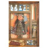 Framed Shadow Box of Native American Collectibles including Native American Arrow Heads and Bead Work