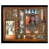 Framed Shadow Box of Native American Collectibles including Native American Arrow Heads and Bead Work