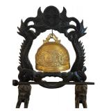 Vintage Carved Wood and Brass Chinese Gong Bell