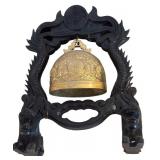 Vintage Carved Wood and Brass Chinese Gong Bell
