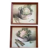 Pair of Decorative Kitchen Framed Wall Hangings with Asparagus, Cauliflower and Onions